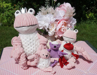 Picture of an assortment of valentine's day toys for dogs.  the toys are on a pink and white gingham table with an arrangement of flowers. The toys include Kiss a Prince Frogs in small and large and the 3 wee sweet charmer toys.