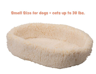 Small sized natural colored HuggleFleece® dog/cat bed with text "Small size for dog + cats up to 30 lbs.".