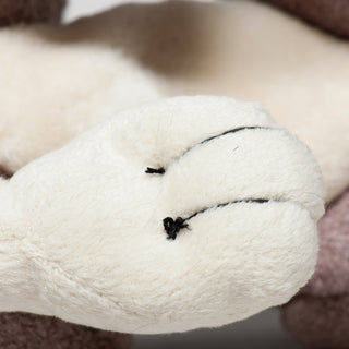 Close up image of a white paw with black thread details of a squirrel shaped dog toy.