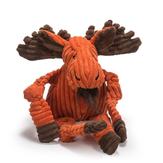 Orange moose durable plush corduroy dog toys in large and small with knotted limbs, brown antlers, inner ears, and hooves, hairy brown beard tuft, and black embroidered eyes and nostrils. Size large.