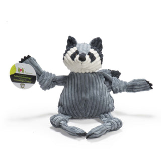 Raccoon shaped plush dog toy: has black, gray-blue, and white furred face, gray-blue furred body and limbs, black nails, with a gray-blue and black striped long tail in size large.