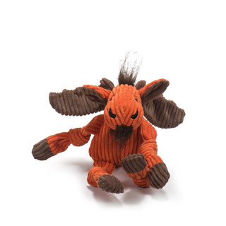 Orange moose durable plush corduroy dog toys in large and small with knotted limbs, brown antlers, inner ears, and hooves, hairy brown beard tuft, and black embroidered eyes and nostrils. Size small.