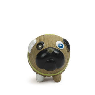 Front view of brown, white, and black pug with lime green collar squeaky latex ball dog toy.