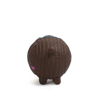 Back view of brown dachshund squeaky latex ball dog toy. HuggleGroup™ heart logo is located left of the tail.