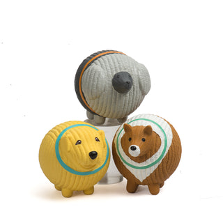 Set of three squeaky latex ball dog toys: grey poodle with orange collar, yellow golden retriever with blue collar, and brown and white collie with green collar.