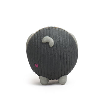 Back view of grey poodle squeaky latex ball dog toy. HuggleGroup™ heart logo is located left of the tail.