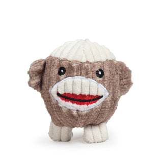 Sock monkey tiny plush corduroy ball dog toy with white top of head, a light brown body, and white legs.