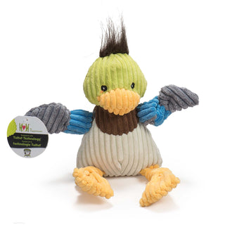 Duck shaped durable plush corduroy dog toys. The duck has black hair, green head, black eyes, white pupils, yellow beak, brown neck, white body, blue and gray-blue knotted arms, and yellow knotted legs and feet. Size large.