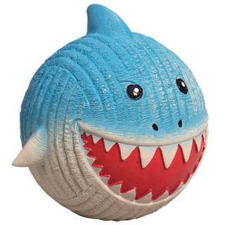 Side view of squeaky ball shaped shark dog toy: with blue skin, black eyes, white pupils, black nose, red mouth, white teeth, and a white stomach.