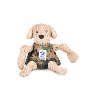 Yellow Lab durable plush corduroy dog toy- Yellow/Tan corduroy head and limbs, with camo body. Camo body has white Warrior Canine Connection logo on it. Floppy ears, black nose, and brown eyes.