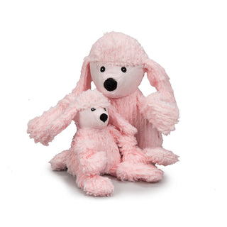 Set of two durable plush corduroy dog toys: pink fuzzy poodle with long ears and knotted limbs in large and small.
