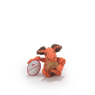 Orange moose with brown beard and antlers tiny plush corduroy dog toy with knotted limbs designed for toy-sized dogs.