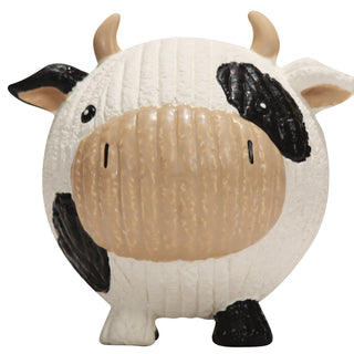 Cow inspired squeaky latex ball dog toy: cow has white fur, with black spots, black nose, with beige inner-ear, mouth and horns.