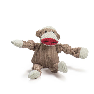  brown sock monkey durable plush corduroy dog toys with knotted limbs, red lips and white hands, feet, snout, and top of head. Size small.