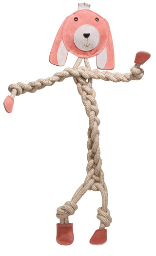 All-natural knotted rope bunny dog toy with pink head, black eyes, white outer-mouth, black nose and mouth, pink hands and feet. 