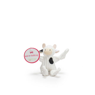 White cow with black spots and black right ear tiny plush corduroy dog toy with knotted limbs designed for toy-sized dogs.