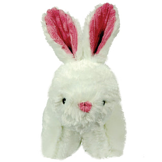 Front view of bunny shaped durable Squooshie™ plush dog toy with fluffy white fur, black embroidered eyes, pink corduroy nose and inner-ear.