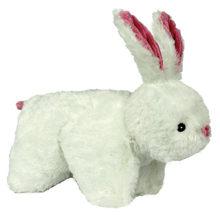 Side view of bunny shaped durable Squooshie™ plush dog toy with fluffy white fur, black embroidered eyes, pink corduroy nose, inner-ear, and tail. 