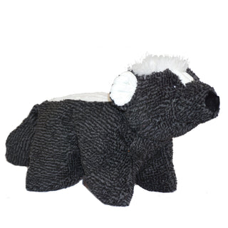 Side view of skunk shaped durable Squooshie™ plush dog toy with fuzzy black and gray body, white corduroy inner-ears and streak down back, fluffy white hair on head, and black eyes and nose.