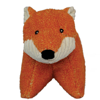 Front view of fox shaped durable Squooshie™ plush dog toy with orange body, white corduroy chin and inner-ears, and black eyes and nose.