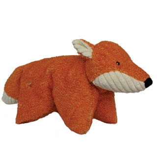 Side view of fox shaped durable Squooshie™ plush dog toy with orange body, white corduroy chin, tip of tail, and inner-ears, and black eyes and nose.