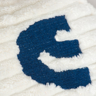 Close up image of blue embroidered Hebrew text on white dreidel plush dog toy. 