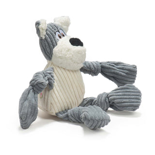 Side view of dog durable plush corduroy dog toy with gray knotted limbs, white furry inner-ear, gray and white face, white furry snout, black nose, and white body.