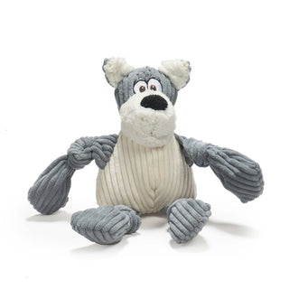 Dog shaped durable plush corduroy dog toy with gray knotted limbs, white furry inner-ear, gray and white face, white furry snout, black nose, and white body.