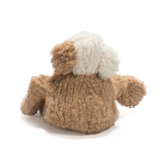 Back view of Mutt inspired fuzzy plush corduroy dog with tan body, one tan ear, tan knotted limbs, white head, and one white ear.