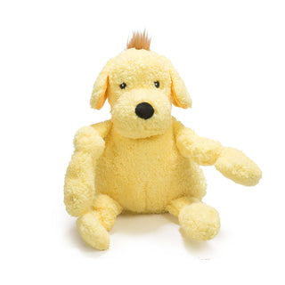 Dog shaped plush dog toy: has golden yellow fur, brown hair, brown eyes, white pupils, black nose, and has knotted limbs. 
