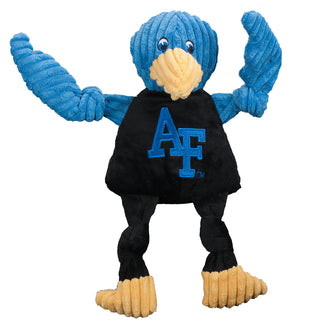 U.S. Air Force Academy Gry Falcon mascot durable plush corduroy dog toy with blue head and blue knotted wings, yellow beak and feet, and black knotted legs wearing black shirt with Air Force logo on front chest. Size large.