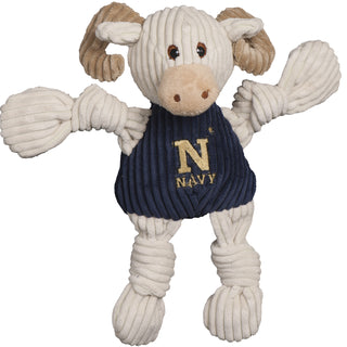U.S. Naval Academy Bill the Goat mascot durable corduroy plush dog toy with white body and head, tan horns, brown eyes, and wearing a blue shirt with Navy logo on front. Size small.