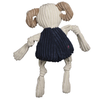 Back of U.S. Naval Academy Bill the Goat mascot durable plush corduroy dog toy with white body and head, and tan horns..