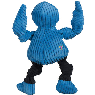 Back of John Hopkins University Jay the Blue Jay mascot plush corduroy dog toy with blue head and back, blue knotted wings, black knotted legs, and blue feet. 