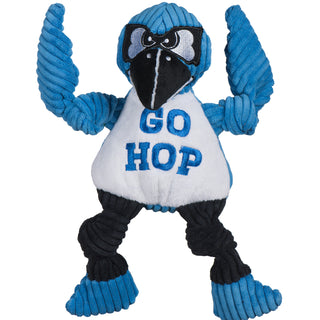 John Hopkins University Jay the Blue Jay mascot plush corduroy dog toy with blue head, blue knotted wings, black knotted legs, blue feet, white belly with "GO HOP" embroidered on chest, black beak, and black mask around big white eyes with tough expression. Size small.