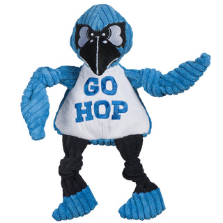 John Hopkins University Jay the Blue Jay mascot plush corduroy dog toy with blue head, blue knotted wings, black knotted legs, blue feet, white belly with "GO HOP" embroidered on chest, black beak, and black mask around big white eyes with tough expression. Size large.