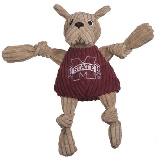 Mississippi State University, Bully the Bulldog mascot durable plush corduroy dog toy with tan head and knotted limbs, embroidered white eyes and black pupils, black nose, and maroon shirt with university logo embroidered on chest. Size large.