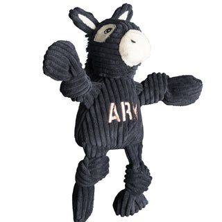 Side view of U.S. Military Academy Army mule durable plush corduroy dog toy with knotted limbs with black body and white nose and inner ears, with Army logo on front chest. Size small.