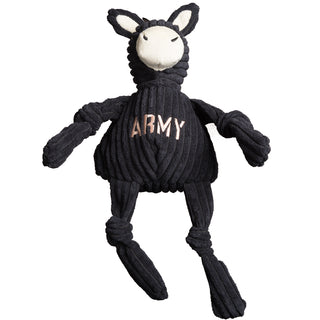 U.S. Military Academy Army mule durable plush corduroy dog toy with knotted limbs with black body and white nose and inner ears, with Army logo on front chest. Size large.