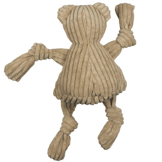 Back view of Cornell University Big Red Bear durable corduroy plush dog toy with tan fur.