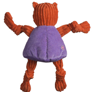 Clemson University the Tiger durable plush corduroy dog toy with knotted limbs, orange fur with black tiger stripes, and is wearing a purple shirt. Size large.