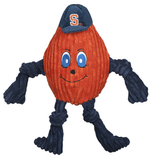 Syracuse University Otto the Orange mascot durable plush corduroy dog toy. Orange body has football shape with navy blue knotted arms and legs, big blue eyes, and navy blue hat with University logo on front. Size large.