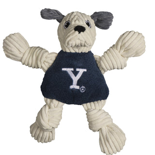 Yale University Handsome Dan white bulldog with grey ears mascot durable plush corduroy dog toy with knotted limbs wearing navy blue shirt and Yale University logo on the front. Size small.