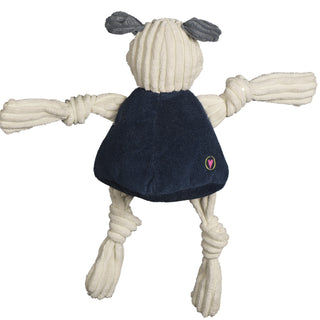 Back view of Yale University Handsome Dan white bulldog with grey ears mascot durable plush corduroy dog toy with knotted limbs wearing navy blue shirt. Size large.