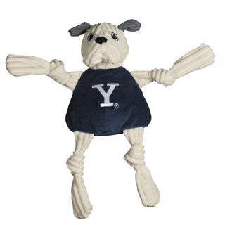 Yale University Handsome Dan white bulldog with grey ears mascot durable plush corduroy dog toy with knotted limbs wearing navy blue shirt and Yale University logo on the front. Size large.