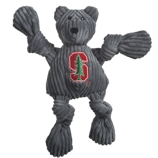 Stanford University Tree bear mascot durable plush dog toy with gray corduroy body, black eyes and nose, white pupils, knotted limbs, university logo on the chest, and squeakers. Size small.