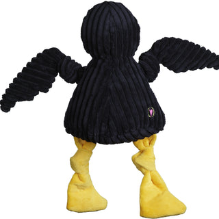 Back of University of Iowa Herky the Hawk plush dog toy: has navy blue furry head, body, arms, with two yellow furred legs, with squeakers and knotted limbs.  