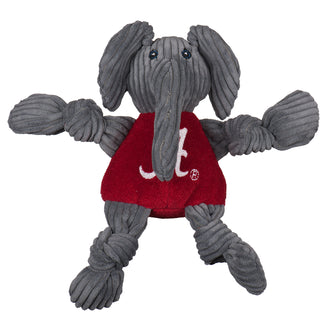 Alabama University Big Al grey elephant mascot durable plush corduroy dog toy with knotted limbs wearing red shirt and Alabama University logo on the front. Size small.