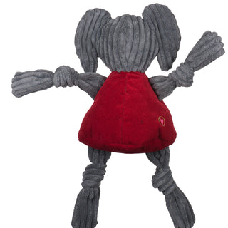 Back of Alabama University Big Al grey elephant mascot durable plush corduroy dog toy with knotted limbs wearing red shirt. Size large.