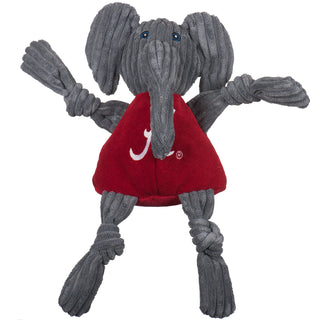 Alabama University Big Al grey elephant mascot durable corduroy plush dog toy with knotted limbs wearing red shirt and Alabama University logo on the front. Size large.
